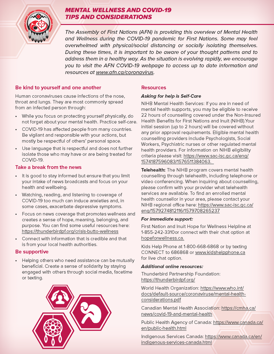 The AFN is providing information on Mental Health and Wellness during the COVID-19 pandemic for #FirstNations. During these times, it is important to be aware of your thought patterns and to address them in a healthy way. ow.ly/2kpa50z3oWv #coronavirus