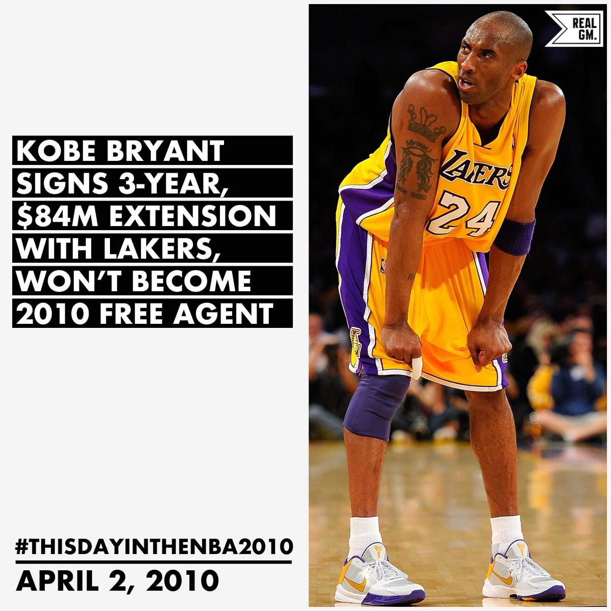  #ThisDayInTheNBA2010April 2, 2010Kobe Bryant Signs Three-Year, $84M Extension With Lakers, Won't Become 2010 Free Agent https://basketball.realgm.com/wiretap/203045/Kobe-Bryant-Signs-Three-Year-$84M-Extension-With-Lakers-Wont-Become-2010-Free-Agent
