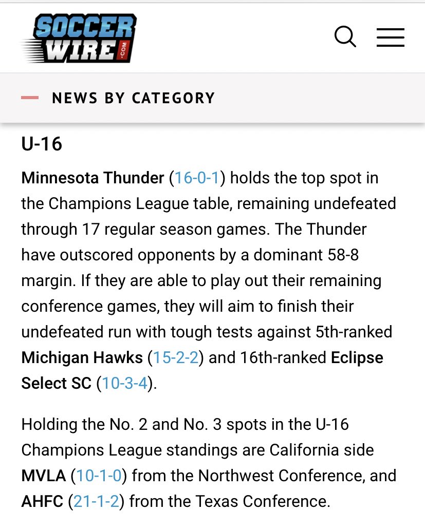 Mta04E's tweet photo. Our #1 ranked team continues to make news! “Minnesota Thunder (16-0-1) holds the top spot in the Champions League table, remaining undefeated through 17 regular season games. The Thunder have outscored opponents by a dominant 58-8 margin” @TheSoccerWire @theECNL @MTAacademy https://t.co/uXZ0PQRt7F