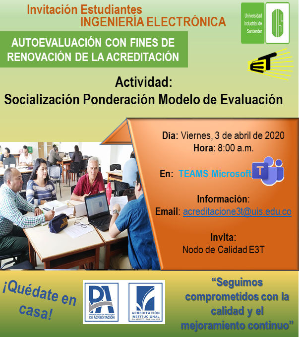 Invitación Socialización ponderación Modelo Evaluación Ingeniería Electrónica
Los invitamos a participar el próximo viernes 3 de abril a las 8:00 a.m a través de Microsoft Teams en la socialización de la ponderación del modelo de evaluación.
