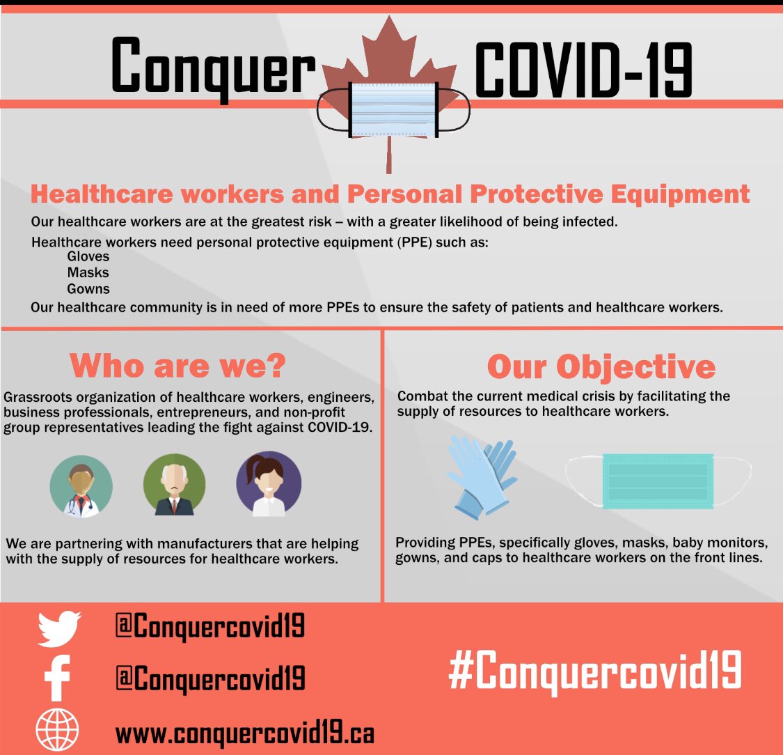 conquercovid19's tweet image. Canadians helping Canadians. If you are a healthcare worker in need of personal protective equipment contact our team. 
#ConquerCOVID19