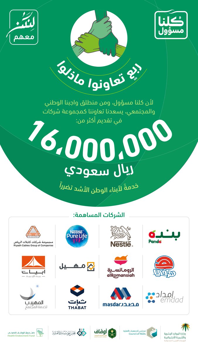 لأن #كلناـمسؤول ، ومن منطلق واجبنا الوطني والمجتمعي، يسعدنا تعاوننا كمجموعة شركات في تقديم أكثر من ١٦ مليون ريال.
خدمةً لأبناء الوطن الأشد تضرراً
#ربع_تعاونوا_ماذلوا