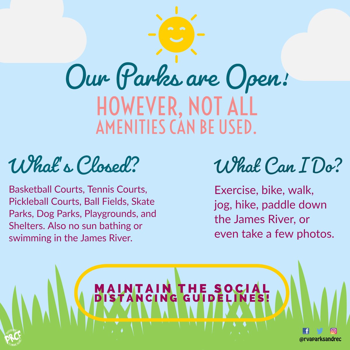 rvaparksandrec's tweet photo. We know that you want to be out at a #PRCF park! And we want you there! Just remember to maintain the social distancing guidelines while you're out. Help #RVA to #stopthespread. https://t.co/HUWmuhtx3h