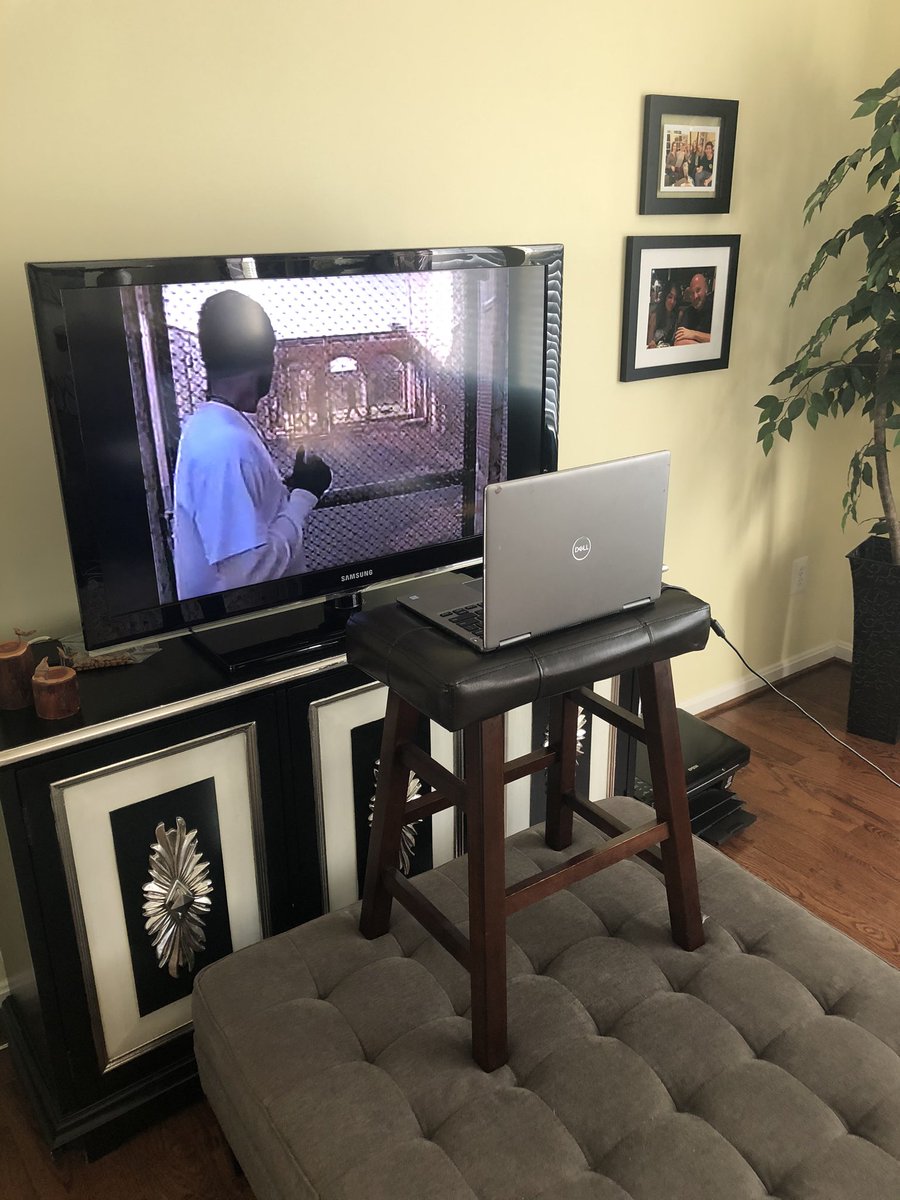 by just popping it into the old DVD player that’s still connected to my TV. If my students can see ME during our online sessions then why couldn’t they see . . . my TV? It’s kinda like have my 40 students sitting in my living room (virtually, that is) watching TV w/me. Therefore: