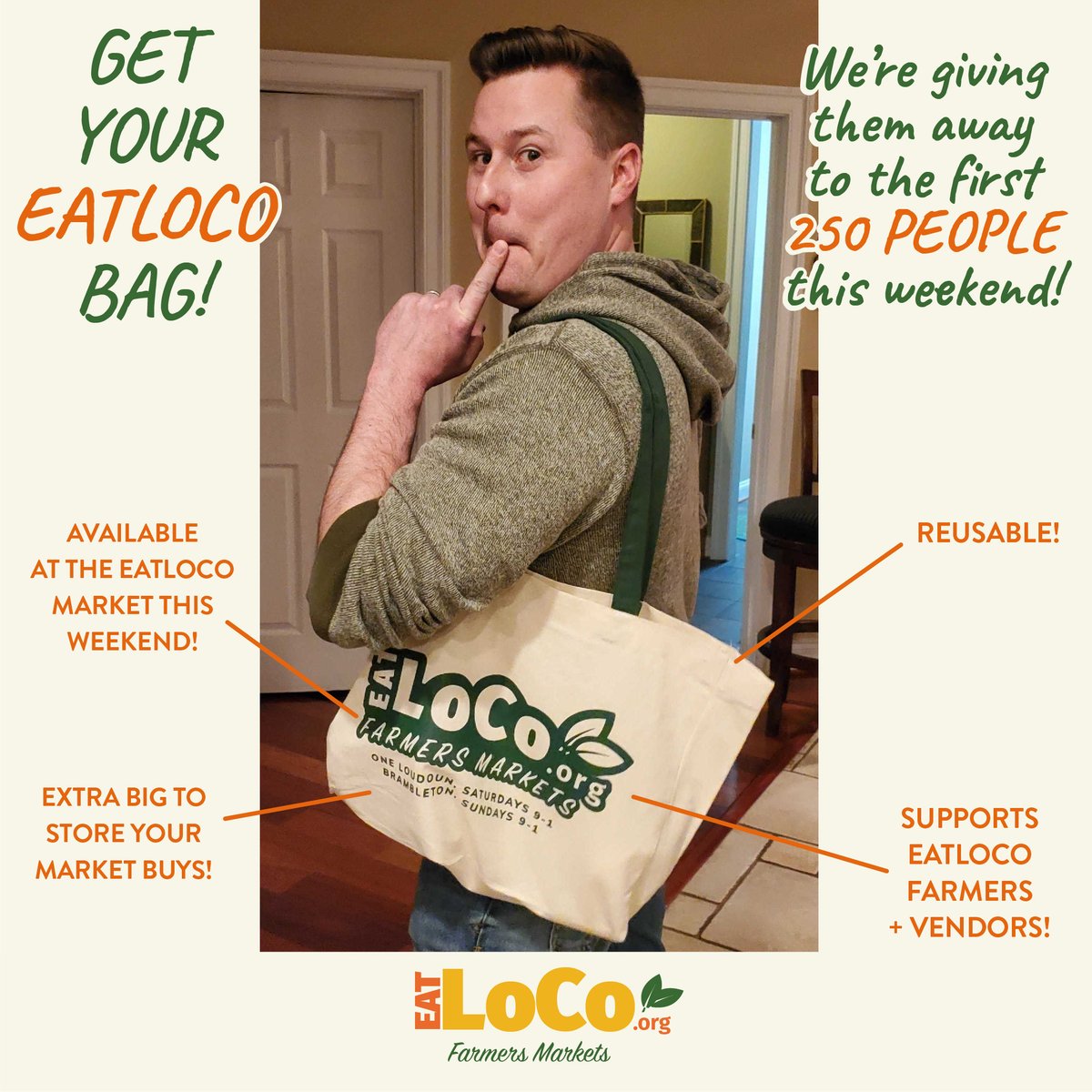 💥 #GIVEAWAY!! 💥
We’re giving away BRAND NEW #EATLOCO BAGS to the first 250 people at both EatLoco Farmers Markets this weekend!! 👉🏼 EatLoco Farmers Market at <a href="/OneLoudoun/">One Loudoun</a> (Saturday 9-1) or #Brambleton (Sunday 9-1), and we’ll have a new bag ready for you!