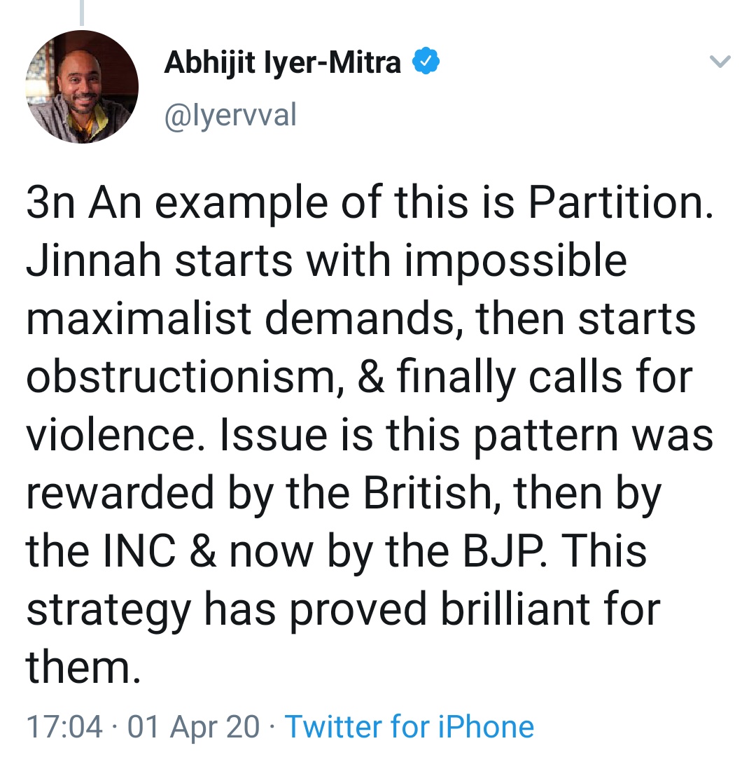 5/Mitra also throws in another perfect bait - Jinnah. I'd dodge it and talk about another big bargain that Muslims tried to make - pol representation electorally- but agreed to give it away for their TRUST in majority and secular credentials of India. No way a bigot will say it.