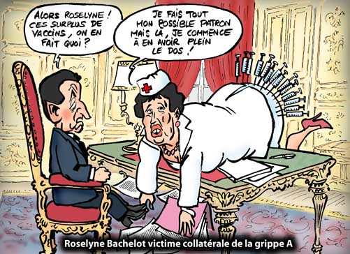 There's an excellent archive of political cartoons mocking her here. She was a fat idiot, she was exaggerating to give money to big business, or as a cover to supress civil liberties.  http://www.leplacide.com/dossier-Roselyne-Bachelot-estime-la-facture-de-la-grippe-porcine-%C3%A0-1,5-milliards-deuros-7177-1-84.html