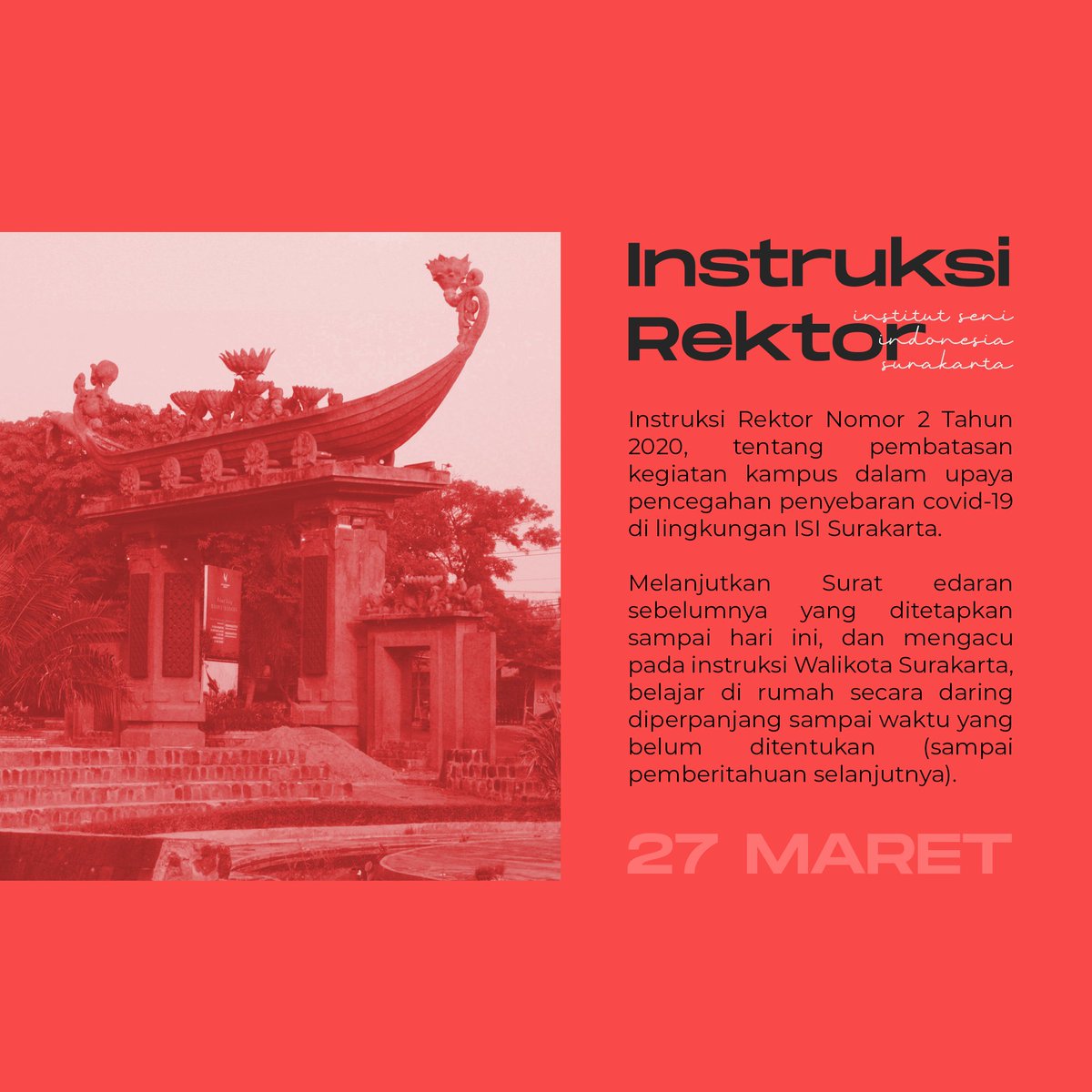 dkviska's tweet photo. Hai, gimana kabar kalian yang #dirumahaja ? ngga kerasa ya udah 18 hari ngga ke kampus buat kuliah dan bertemu kawan-kawan. Meskipun sama-sama rindu, jangan sampai bikin kalian nekat buat keluar ya, udah #dirumahaja.
#dkviska2020 #dkviska #isisurakarta #covid19 https://t.co/IA9k1DkwLb