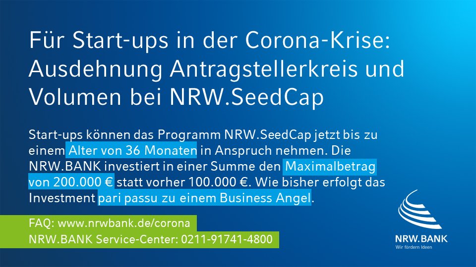 NRWBANK's tweet photo. Für junge #Start-ups, die schon einen Business Angel haben, erweitern wir Volumen und Antragstellerkreis im Programm #NRW #SeedCap, um ihnen in der #CoronaKrise besser helfen zu können. Infos unter https://t.co/TdboEdoFUJ #NRWBANK #Coronahilfe #TeamNRW #bewegtNRW /jb https://t.co/hPv9AwX0n6