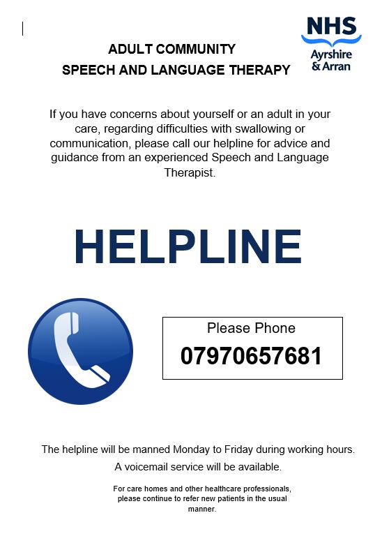 Concerns about yourself or an adult in your care, regarding difficulties with swallowing or communication? Call our helpline for advice & guidance from an experienced SLT @weepeoplechat @sahscp @SltSouth @southayrshire @EAHSCP @NAHSCP @NHSaaa @North_Ayrshire @EastAyrshire