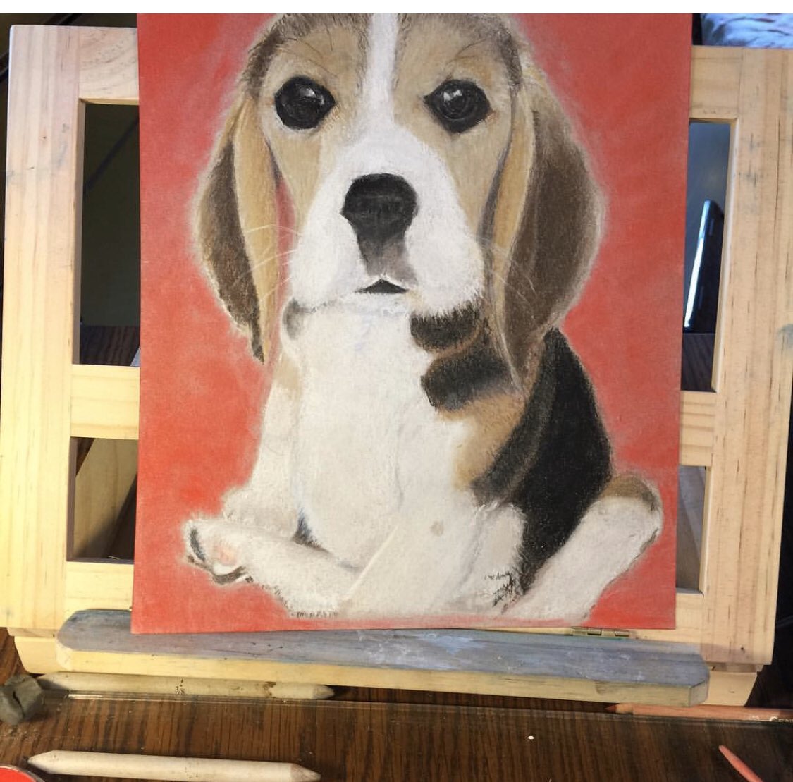 Free2Color's tweet image. My first puppy portrait I took up the whole paper like you would a painting. Pastel Pencils need to be protected. The paper cannot touch the glass so new at this, I put him in an 8x10 frame.😕I will never do that again