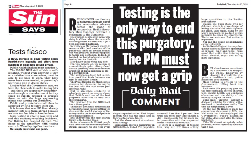 The banks are the subject of the top leader, but then the paper gets back to the testing and the need to "get a grip" (apparently today's three-word slogan of choice).The Mail throws  @MattHancock's words from two months ago about our "world-beating test" back in his face