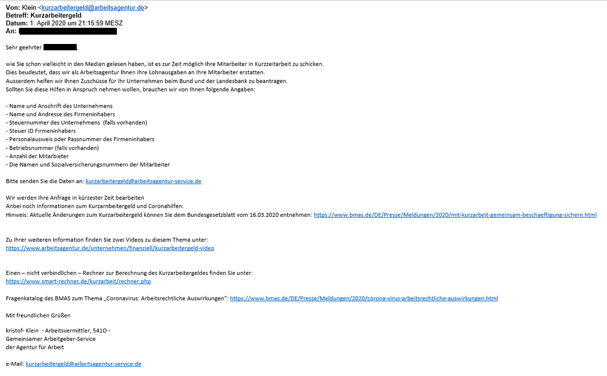 certbund's tweet photo. ⚠️ Kurzarbeitergeld: Angreifer versenden aktuell gefälschte E-Mails im Namen der Bundesagentur für Arbeit, in denen sie Unternehmen zur Übermittlung sensibler Daten an die Adresse kurzarbeitergeld[@]arbeitsagentur-service[.]de auffordern. Dieser Aufforderung nicht nachkommen! https://t.co/zkV0pEYrJX