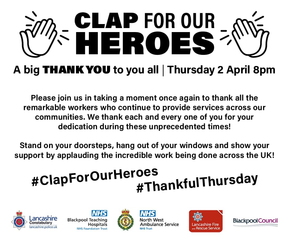 visitBlackpool's tweet image. 𝗖𝗟𝗔𝗣 𝗙𝗢𝗥 𝗢𝗨𝗥 𝗛𝗘𝗥𝗢𝗘𝗦 | 𝗧𝗵𝘂𝗿𝘀𝗱𝗮𝘆 𝟮 𝗔𝗽𝗿𝗶𝗹 𝟴𝗽𝗺

Stand on your doorsteps or by your windows and show your support by applauding the incredible work from all key workers across the UK! 👏🏽

#ClapForOurHeroes