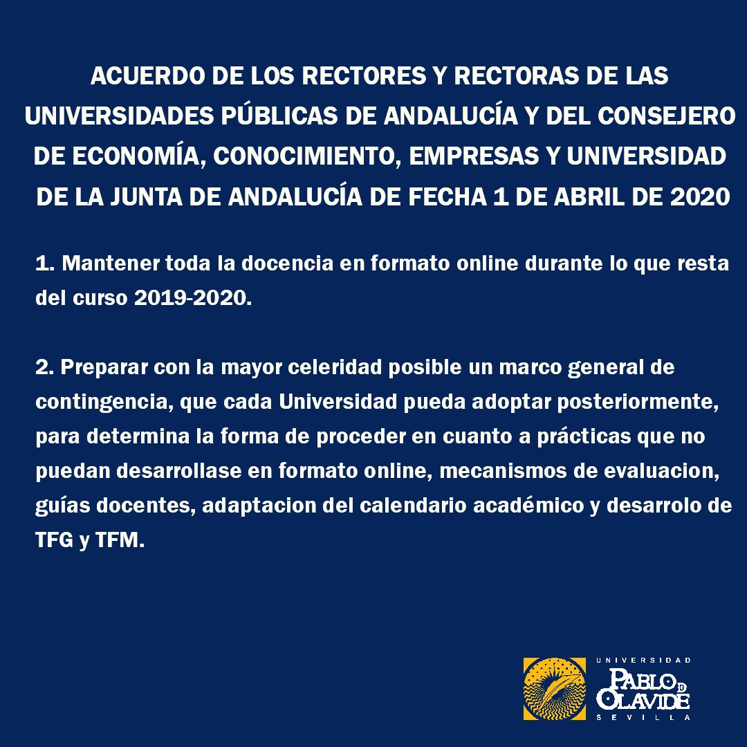 pablodeolavide's tweet photo. 🔴 ¡ATENCIÓN! Acuerdo de las Universidades Públicas Andaluzas y la Consejería de Economía, Conocimiento, Empresa y Universidad de fecha 1 de abril de 2020 👇
https://t.co/ajNcKca5GZ https://t.co/qrys7Q4X0U