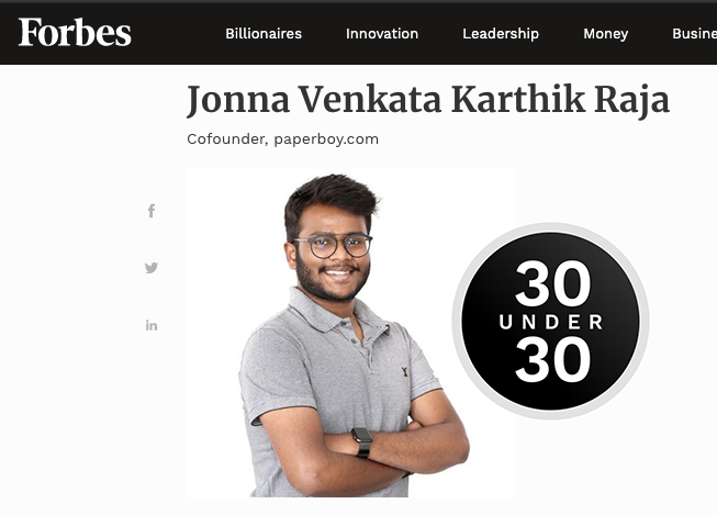 PaperboyOnline's tweet photo. To all those supporting us unconditionally, Here is something that we'd like to share,  @JonnaKarthik  has made it to the @ForbesAsia  #forbes30under30  #forbesunder30 list of 2020!

#forbes #forbes30under30asia #paperboy #paperboyapp #awernessredefined 

https://t.co/800w8PNKdg https://t.co/SuTmZZuI0P