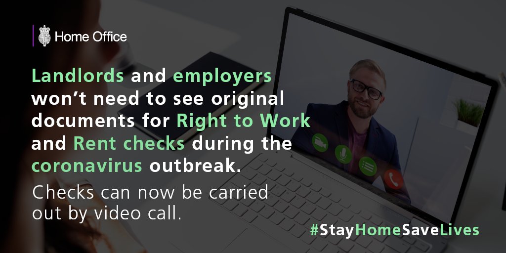 Employers and landlords can now temporarily accept scanned documents for Right to Work and Rent checks during the #coronavirus outbreak, and carry out the checks via video call. This will make it easier for companies to get people working quickly. #StayHomeSaveLives