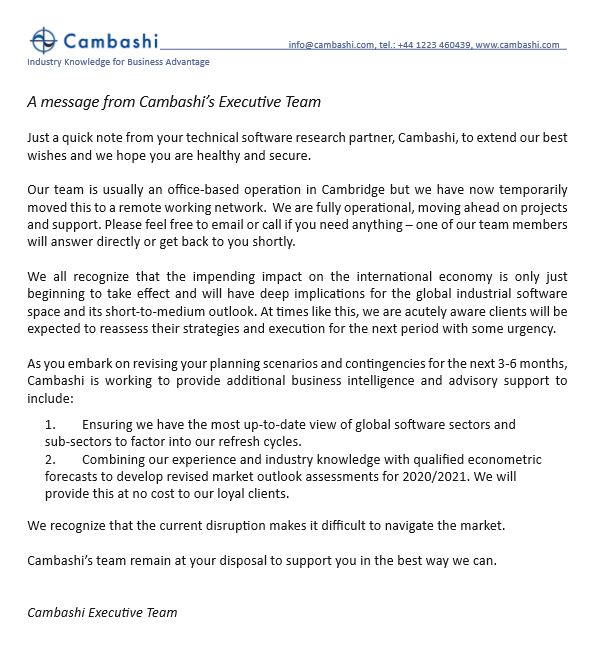 A message from Cambashi's Exec Team, explaining how we intend to help our clients plan their own response to COVID-19

#marketingplan #strategyplanning #cadcam #plm #cae #iot #bim