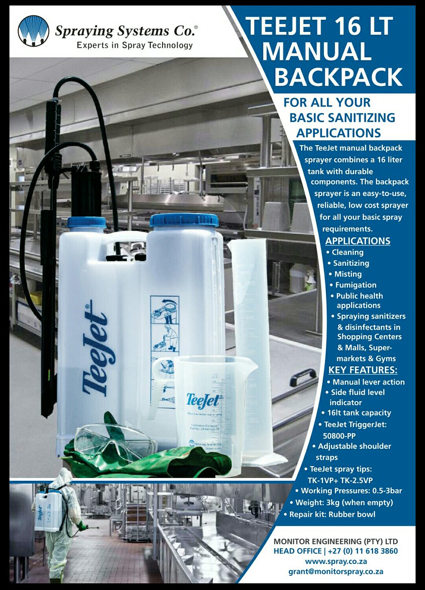 SprayingSyst_SA's tweet photo. Quick low cost solution for #sanitization and #disinfection . The New #Teejet Backpack Spraying Systems can help you now. https://t.co/nharZDAz3d