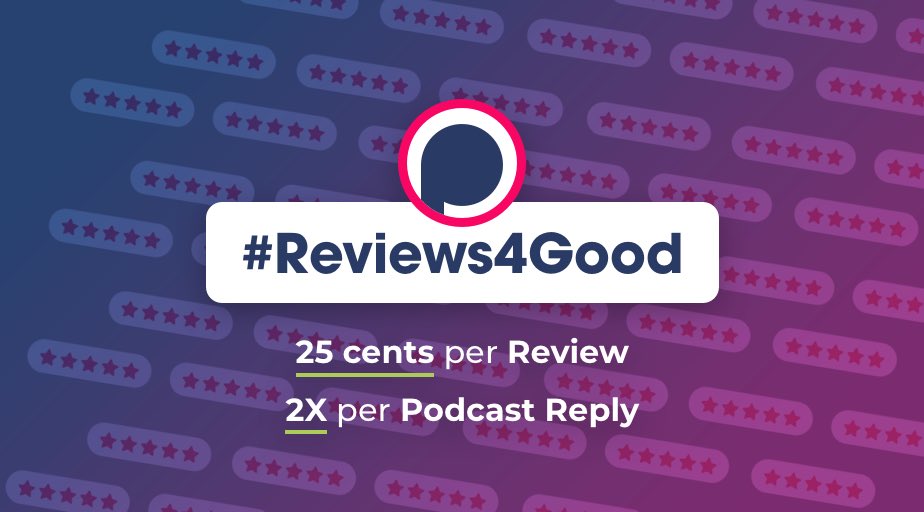 passitalong's tweet photo. For the next 15 days, raise money by reviewing podcasts on @Podchaser - every review and every reply from a podcast will donate 25 cents to @_MealsOnWheels and their Covid-19 response fund. https://t.co/HAHRy7TPHi #reviewsforgood https://t.co/qwjfUlr7ae