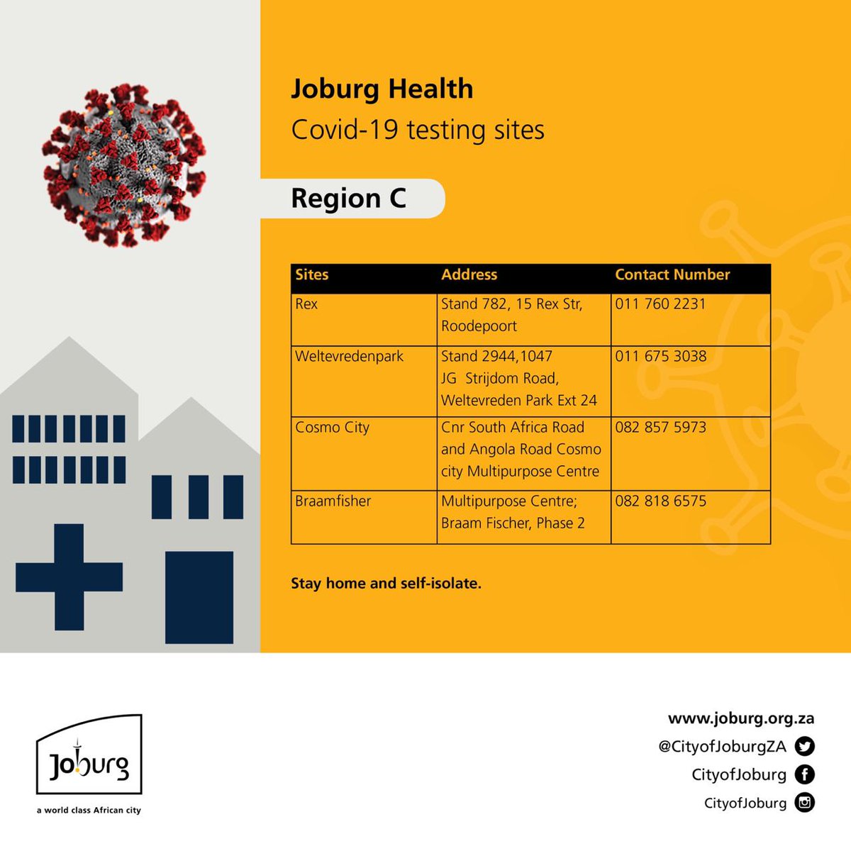 coj_gfis's tweet photo. The @CityofJoburgZA has set up 22 testing and screening facilities throughout the 7 regions.
We urge residents to go through the provided list to and familiarize themselves with a facility nearest to them to visit for a FREE #Covid19testing. ^LK
#21daylockdown #Covid_19SA https://t.co/pVeX71cLmK