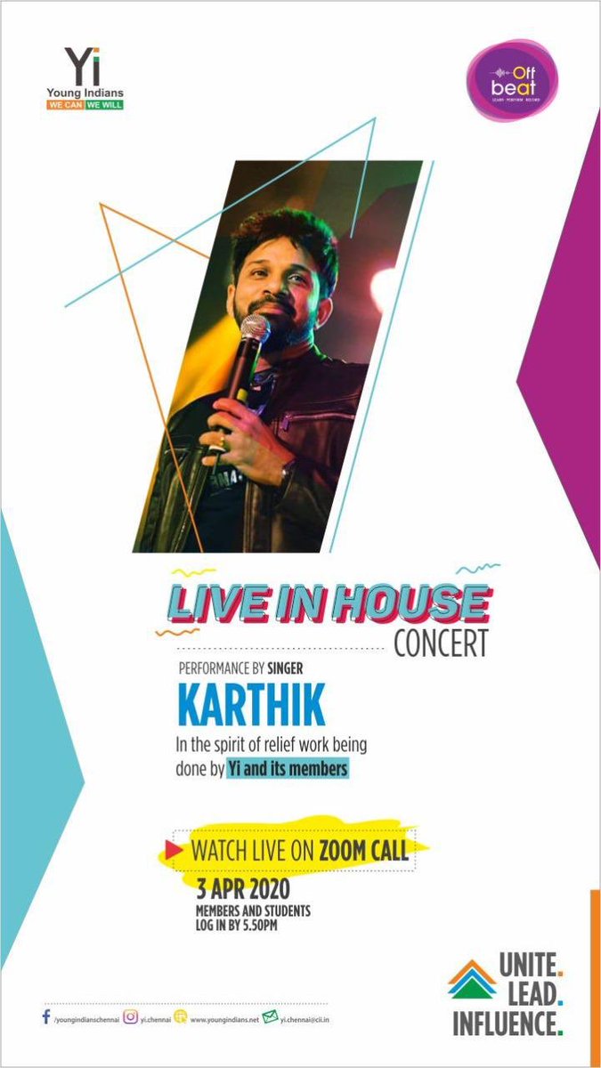 offbeat_mv's tweet photo. Get ready to witness virtual music with @singer_karthik😁
An in-house concert organised by #YoungIndiansChennai for a cause 🎵 🎶
Join us!
ZOOM CALL
3rd April, 2020 @ 5.50pm
#Offbeat #Offbeatmv #LearnPerformRecord #Music #singer #composer #performer #musician #artist https://t.co/nIesNvWiHi