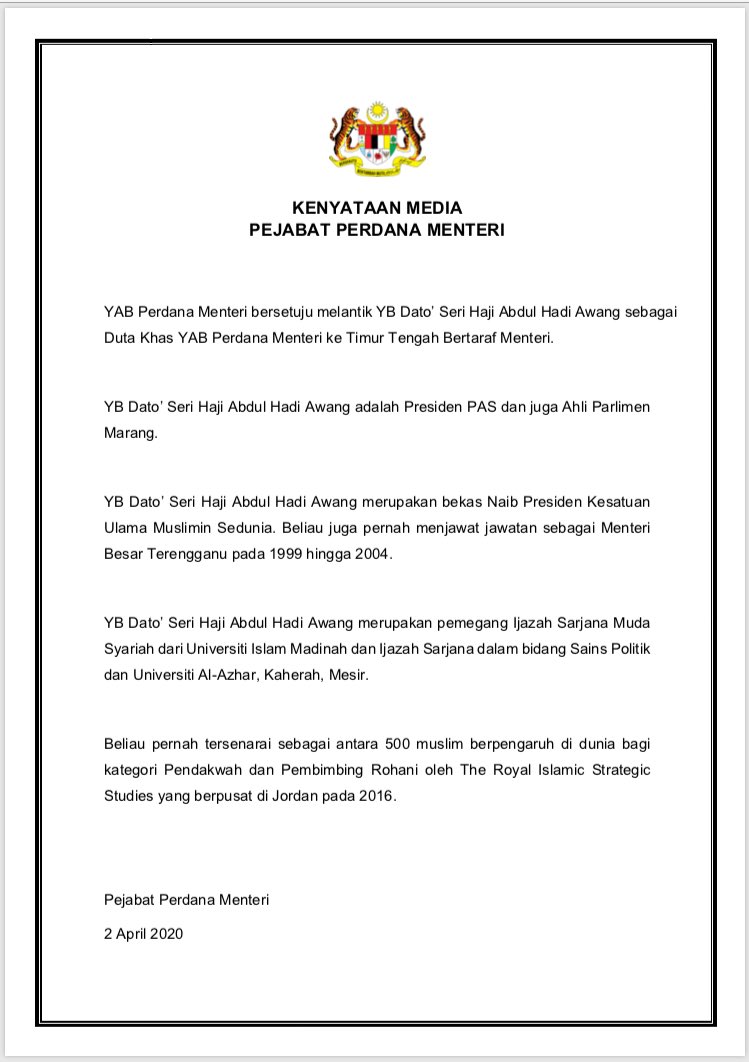 Bfm News On Twitter Pas President Datuk Seri Abdul Hadi Awang Has Been Appointed As The Prime Minister S Special Envoy To The Middle East The Prime Minister S Office Says The Post Holds