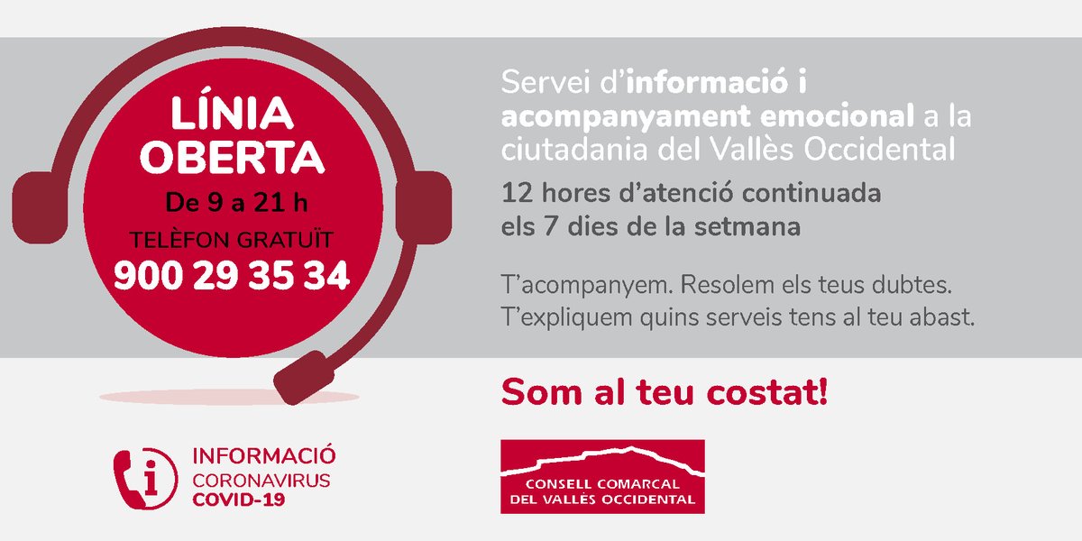 consellvallesoc's tweet photo. La línia gratuïta 900 29 35 34 ofereix acompanyament i suport a la població que viu una situació d’alta càrrega emocional: 
☎️80 trucades diàries 
ℹ️40% trucades per una informació concreta
👥40% acompanyament emocional i suport 
👥20% processos de dol
https://t.co/lA2Vq2tVm9 https://t.co/hB2OSbGE6m