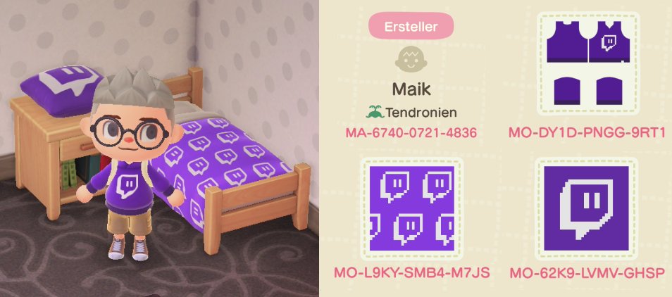 Heyho! Ich habe etwas <a href="/Twitch/">Twitch</a> Merch in #AnimalCrossing gebastelt. Falls ihr Lust habt die Designs für Kissen, Bettdecken oder anderen Kram zu verwenden einfach die Codes im  Terminal eingeben 💜 #ACNHDesign #acnh