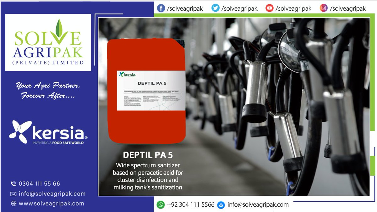 solveagripak's tweet photo. DEPTIL PA 5
Wide spectrum sanitizer based on peracetic acid.
- Highly stable, powerful and fast acting peracetic acid solution that acts as bactericide, virucide and fungicide.
- Rapid disinfection and reduces risk of cross contamination between cows.
#Kersia #SAPPL #Hygiene https://t.co/QpTNpa2Edf