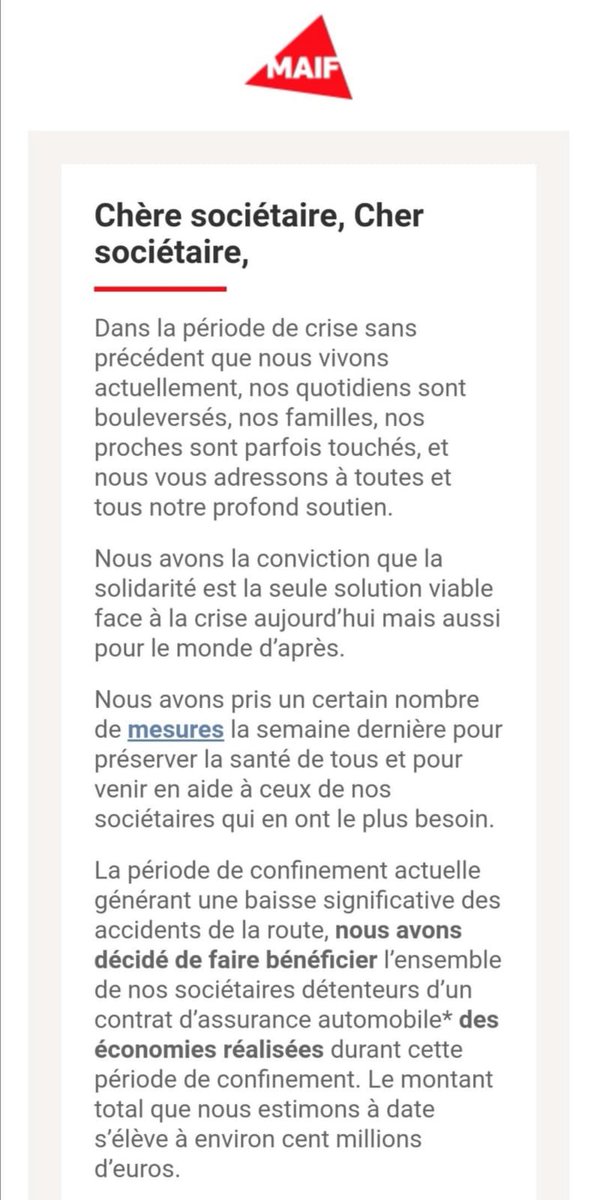 pascaldemurger's tweet image. #SolidariteCOVID19 @MAIF agit en reversant à ses sociétaires 100M€ d’économies estimées dues au confinement (baisse sinistres auto). Chacun pourra choisir de percevoir le forfait de 30€/voiture ou de le verser à :
@FondationHPHF,  
@institutpasteur, 
@SecoursPop.
#FranceUnie
