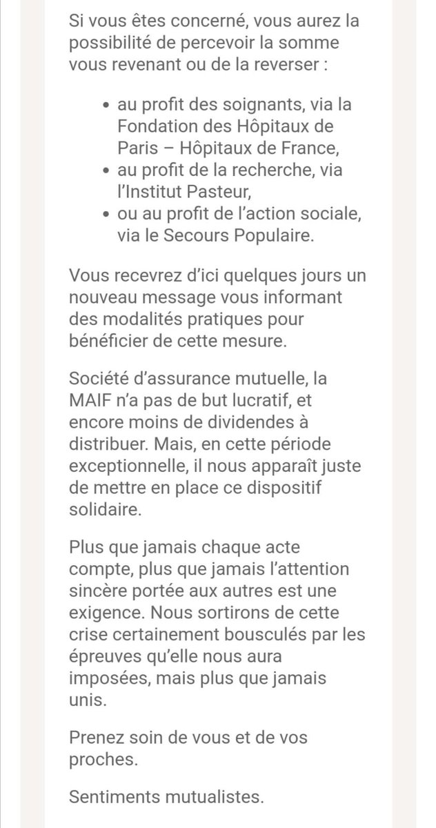pascaldemurger's tweet image. #SolidariteCOVID19 @MAIF agit en reversant à ses sociétaires 100M€ d’économies estimées dues au confinement (baisse sinistres auto). Chacun pourra choisir de percevoir le forfait de 30€/voiture ou de le verser à :
@FondationHPHF,  
@institutpasteur, 
@SecoursPop.
#FranceUnie