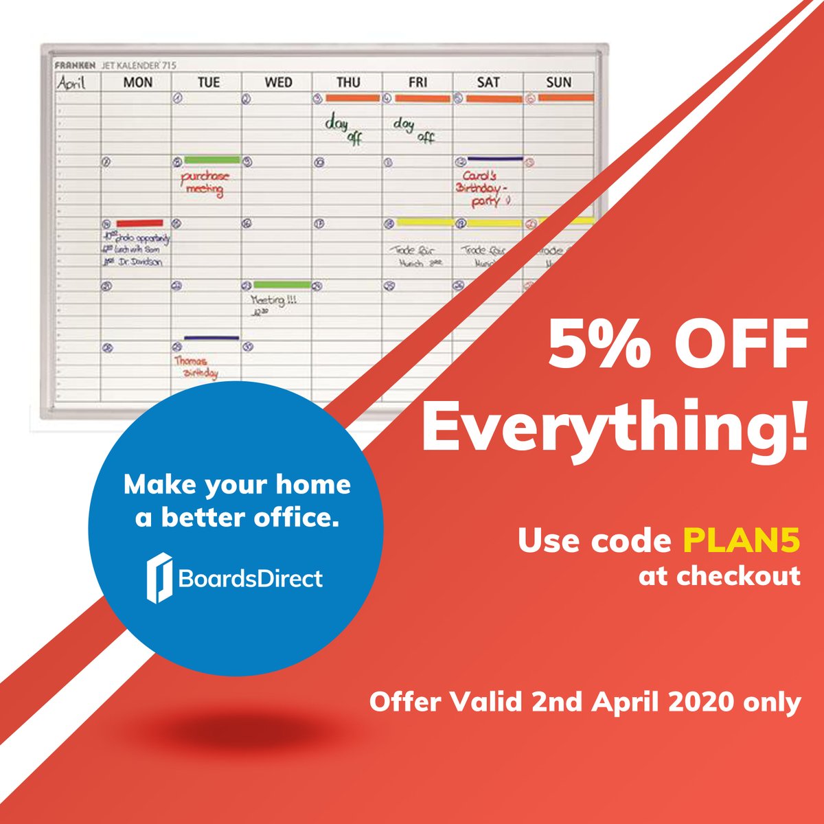 boardsdirect's tweet photo. We're giving 5% off everything. Offer is for today only!  Seating, Desking, Planners and everything else to make your home a better office.  Use code PLAN5 at checkout. https://t.co/BRYobLUujT https://t.co/FiUwj0agG9