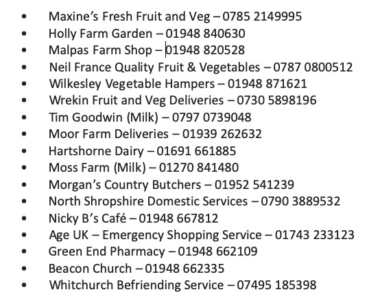 Helpful list from @ShropsCCG of the contact numbers of some of the companies delivering food and supplies in North Shropshire. If your business is making deliveries, please email me on patersono@parliament.uk and I will be happy to publicise.