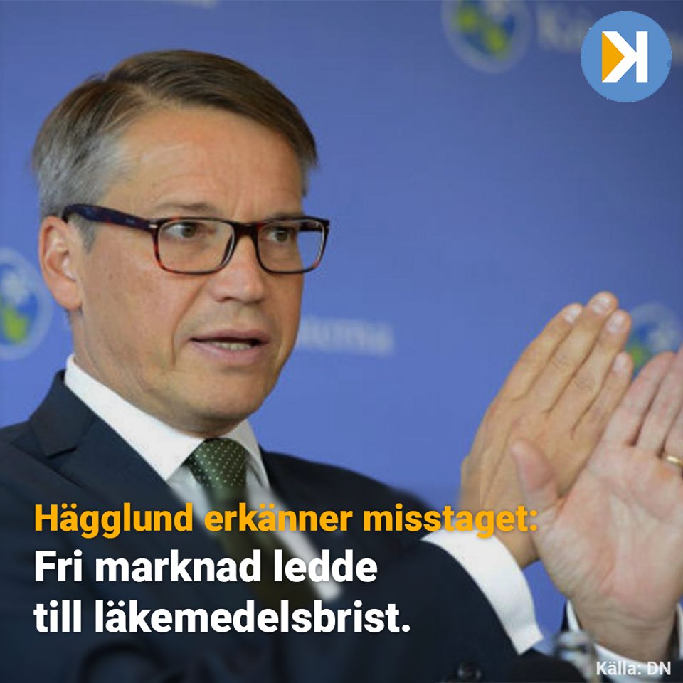 konkretsverige's tweet photo. Som socialminister var Göran Hägglund (KD) drivande i att privatisera apoteken och tömma de statliga läkemedelslagren. Istället för staten skulle marknaden se till att det alltid fanns läkemedel. Så blev det inte. https://t.co/Od9FC2I1Dp