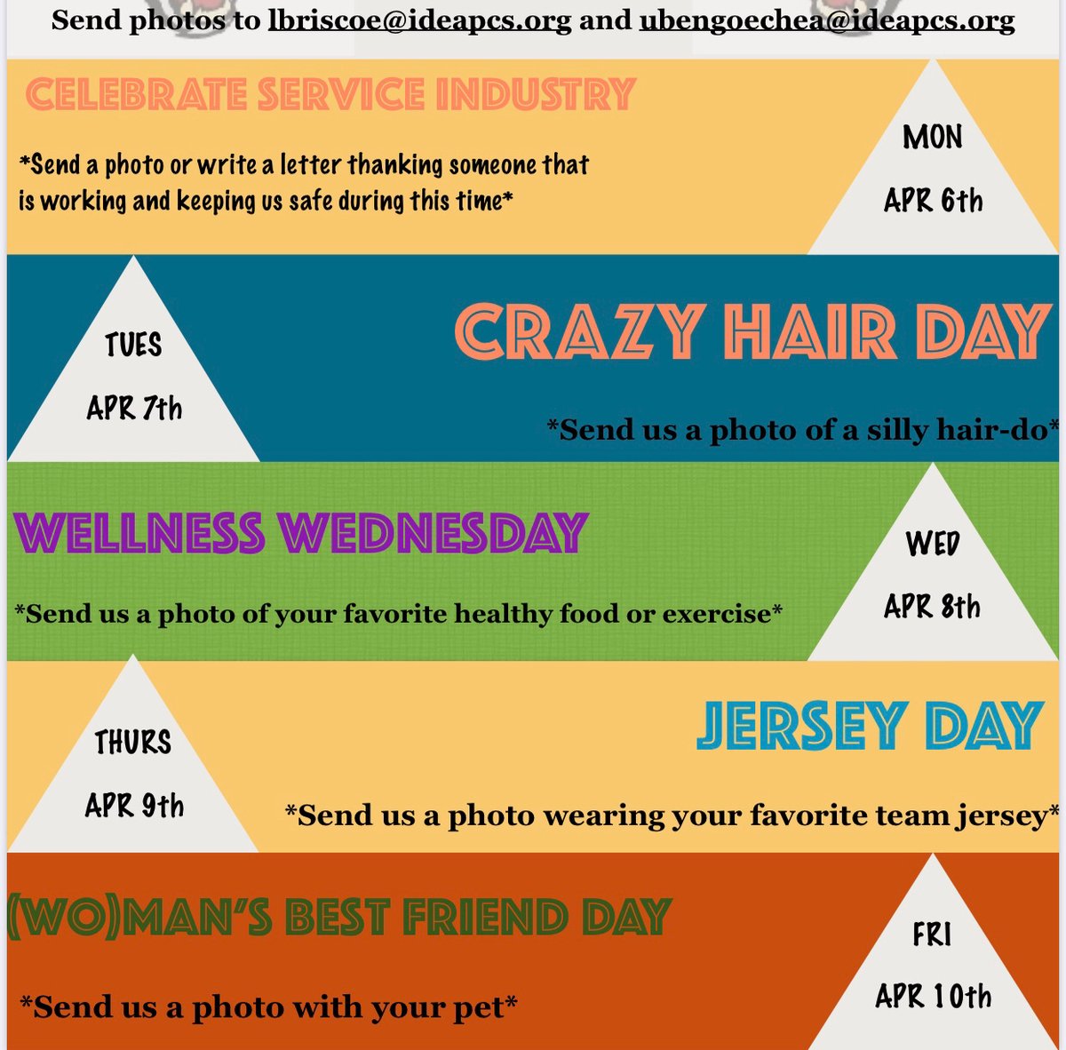 IDEA_PCS's tweet photo. Next week is virtual SPIRIT WEEK! π₯π₯
.
.
Go crazy with it! And the good news is, you donβt even have to leave your house. π¬π¬
.
.
Be sure to send us your pictures! The email addresses to submit are on the flyer ππΎ
.
.
#SpiritWeek #IDEAPCS #Fun #DistanceLearning https://t.co/wrBOejgZk0