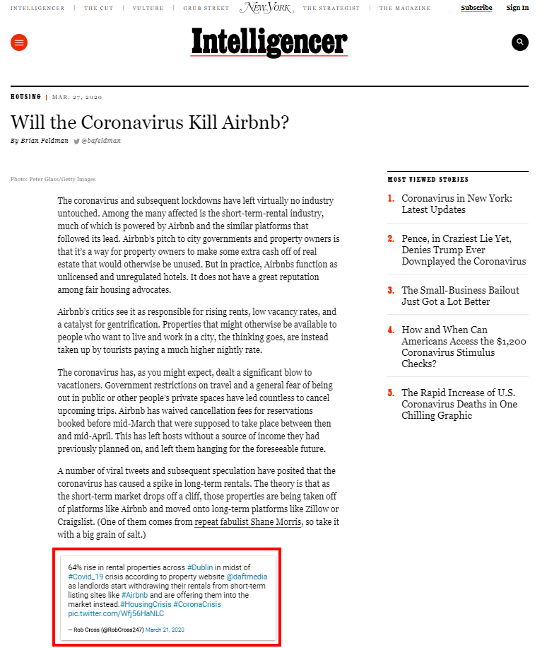 RobCross247's tweet photo. Wow, my housing crisis analysis work got a mention in the New York Magazine.

Will the Coronavirus Kill Airbnb?
https://t.co/GSGOqF2kGH

#housingcrisis #Coronavirusireland #COVID19Pandemic 
#Dublin #NewYork #coronausa #airbnbcollapse #Airbnb https://t.co/o8h09lB1oG
