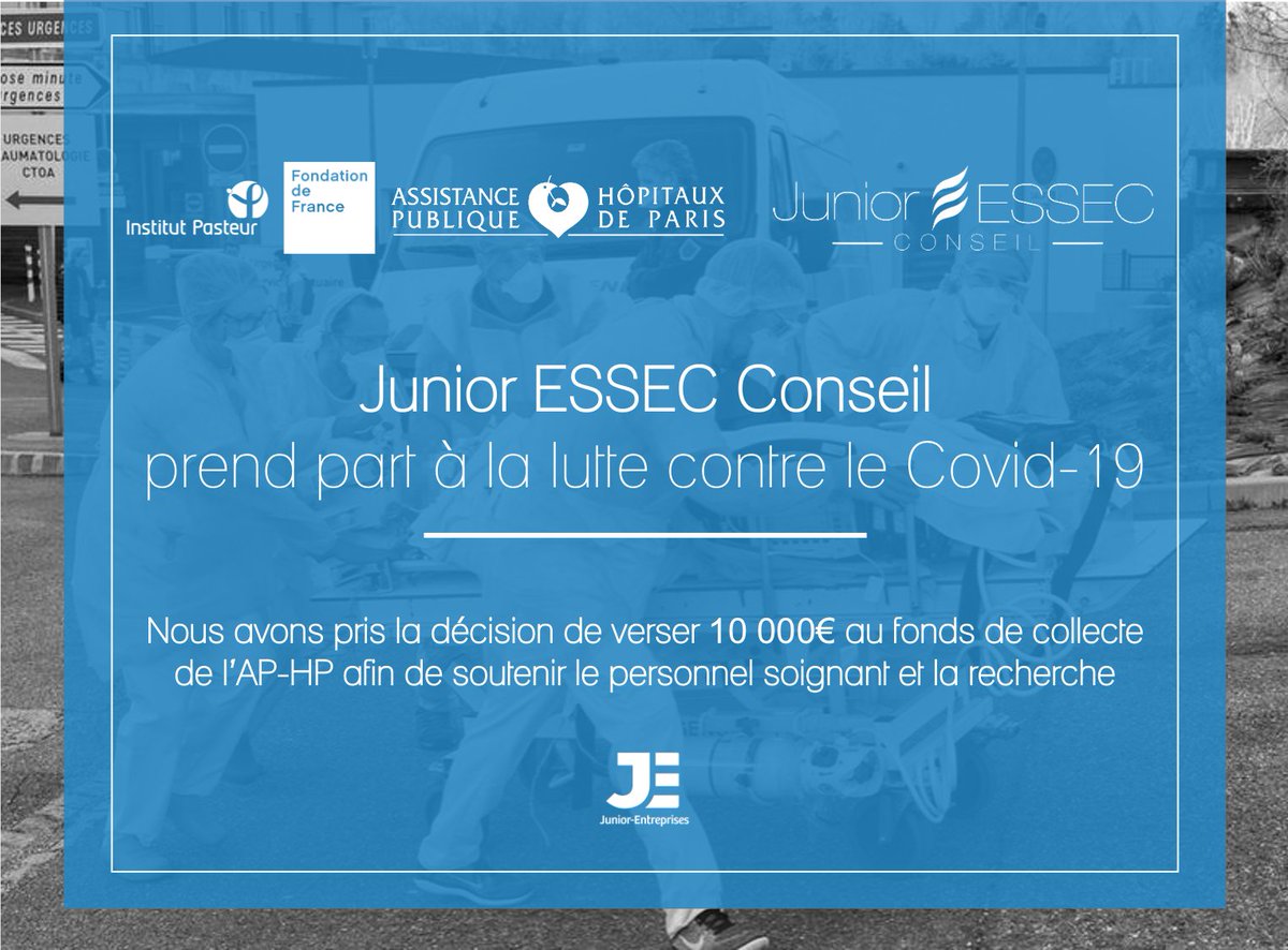 JuniorESSEC's tweet image. @JuniorESSEC Conseil s'engage à faire un don de 10 000€ au fonds de collecte commun à l'@APHP, l'@institutpasteur et la @Fondationfrance.

En ces temps difficiles, nous sommes convaincus que c’est en étant solidaires que nous parviendrons à vaincre la pandémie de Covid-19.