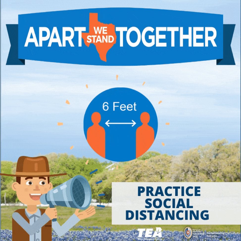 To avoid the spread of COVID-19, practice social distancing:
• Avoid going out in public
• When in public, keep six feet of distance between you and others
• Follow guidance provided by local and state officials.
Get more at texas.gov/covid19 #stayhome #BwdPride