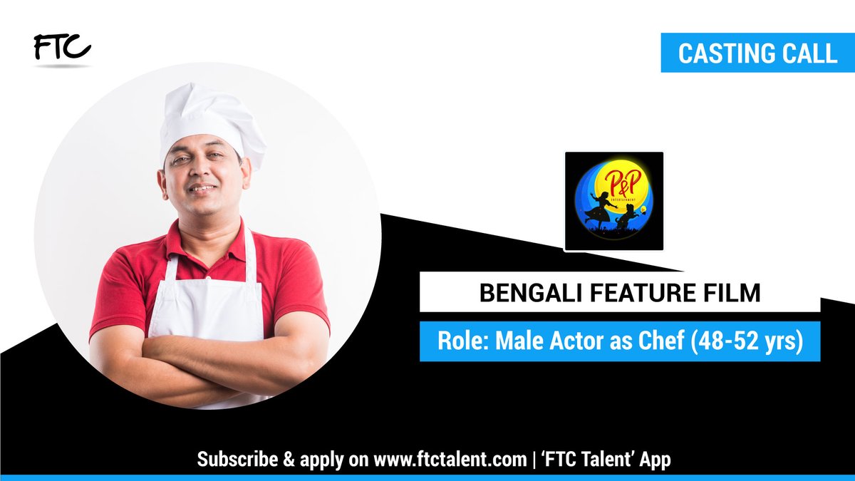 FTCTalent's tweet photo. We are seeking for #MaleActor within the age of 48 - 52 years to play the role of a #Chef in a hotel for an Upcoming #BengaliFeatureFilm.

Web: https://t.co/C2tbHRJtXz
App: FTC Talent

#MaleActors #ChefRole #Cook #HotelChef #MaleArtist #ActingChance #FTCTalent #Talent #Talents https://t.co/FwjJqf3Gif