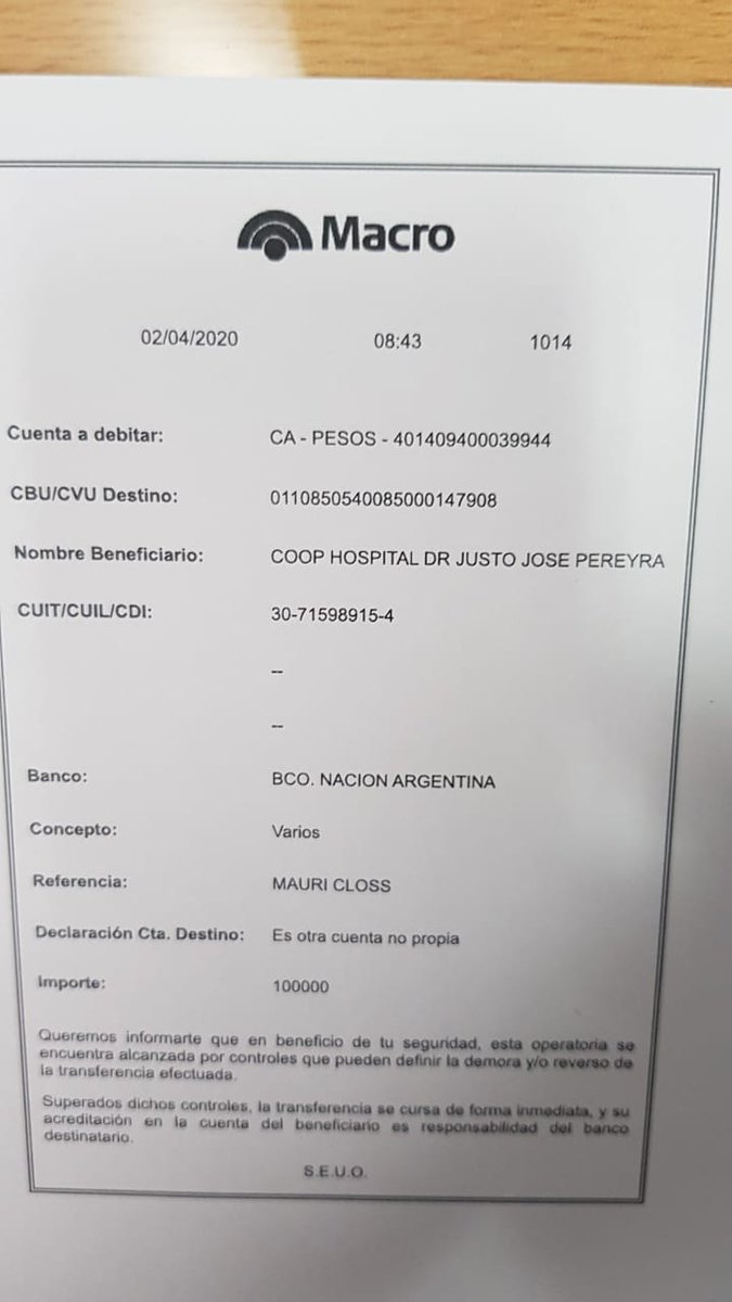 mauricloss's tweet photo. Conforme decisión tomada por las Autoridades del Gobierno Provincial y del Frente Renovador, he depositado la suma de 168244 pesos en la Cuenta del Hospital de Aristobulo del Valle que se está equipando para afrontar la pandemia.
Adjunto Recibo de Sueldo y Copia de Transferencias https://t.co/OveY5SBR2z