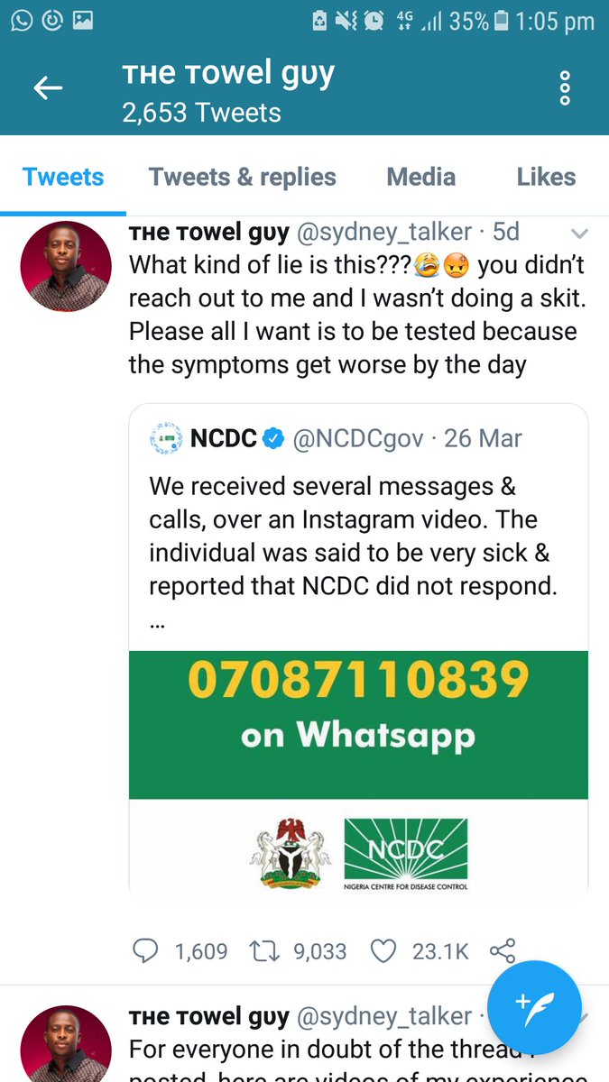 Sydney quoted CDC 's tweet and accused them of refusing to test him on 28th March meanwhile the test result shows that he had been tested since 26th March.His phone number is 08087784374. Please take a moment to send him "Sydney You are a loser" #COVID19Pandemic