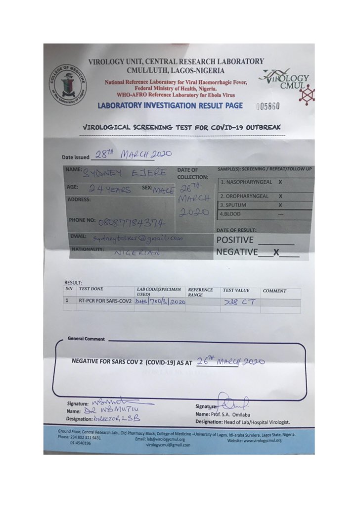 Sydney quoted CDC 's tweet and accused them of refusing to test him on 28th March meanwhile the test result shows that he had been tested since 26th March.His phone number is 08087784374. Please take a moment to send him "Sydney You are a loser" #COVID19Pandemic