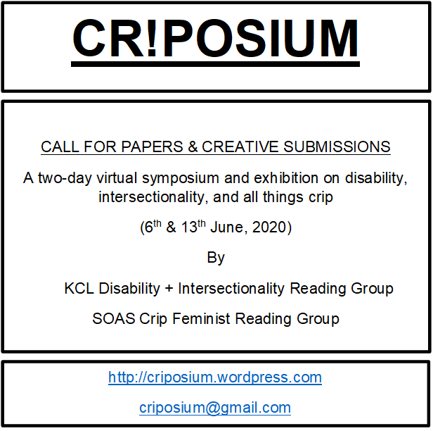 criposium's tweet photo. CALL FOR SUBMISSIONS
We're delighted to announce the CRIPOSIUM, a two-day virtual symposium & exhibition on disability, intersectionality, and all things crip.
Please send us your abstracts, ideas, poetry and art to criposium@gmail.com
https://t.co/kDOF07qhza https://t.co/w70afxbfnm