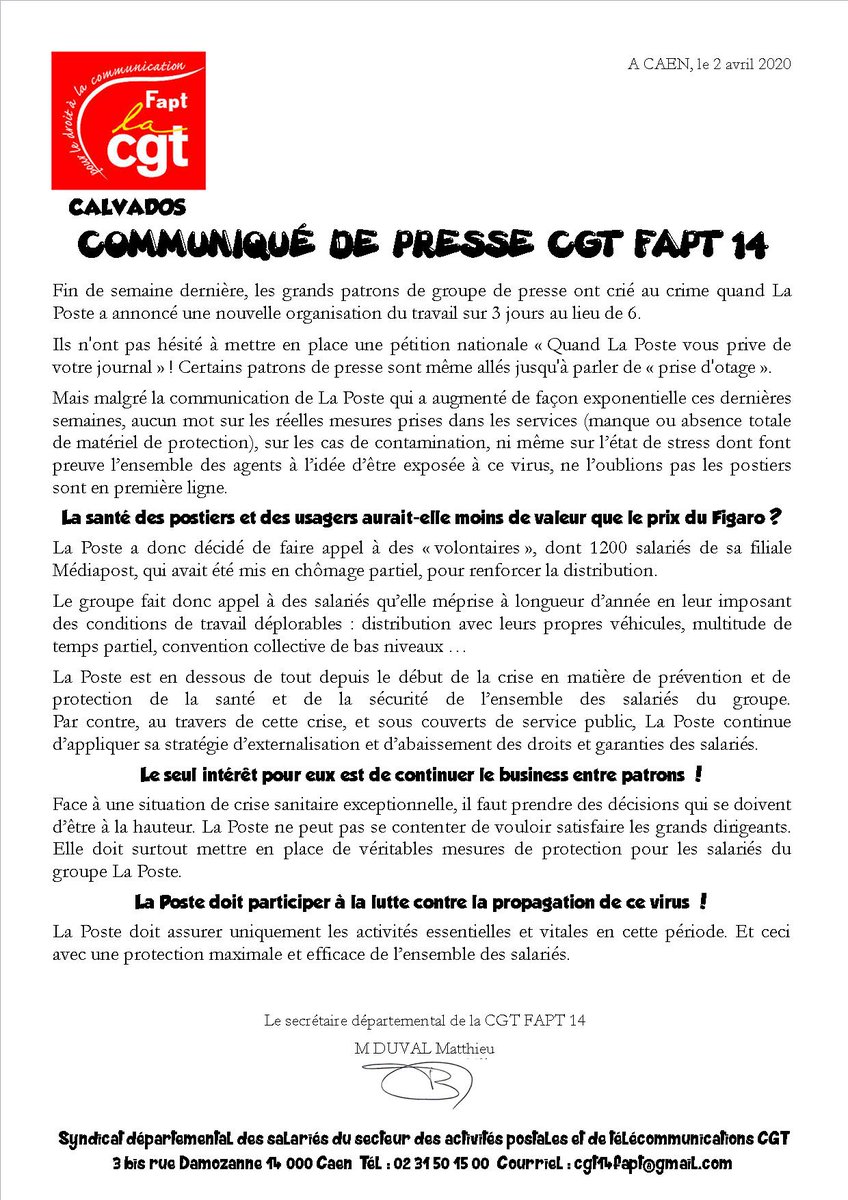 CGTFAPT14's tweet photo. Voici le dernier communiqué de la FAPT14

#CGTFAPT14 #CGT #CGTFAPT #LaPoste #OnLacheRien #Calvados https://t.co/kaiXveWhKe