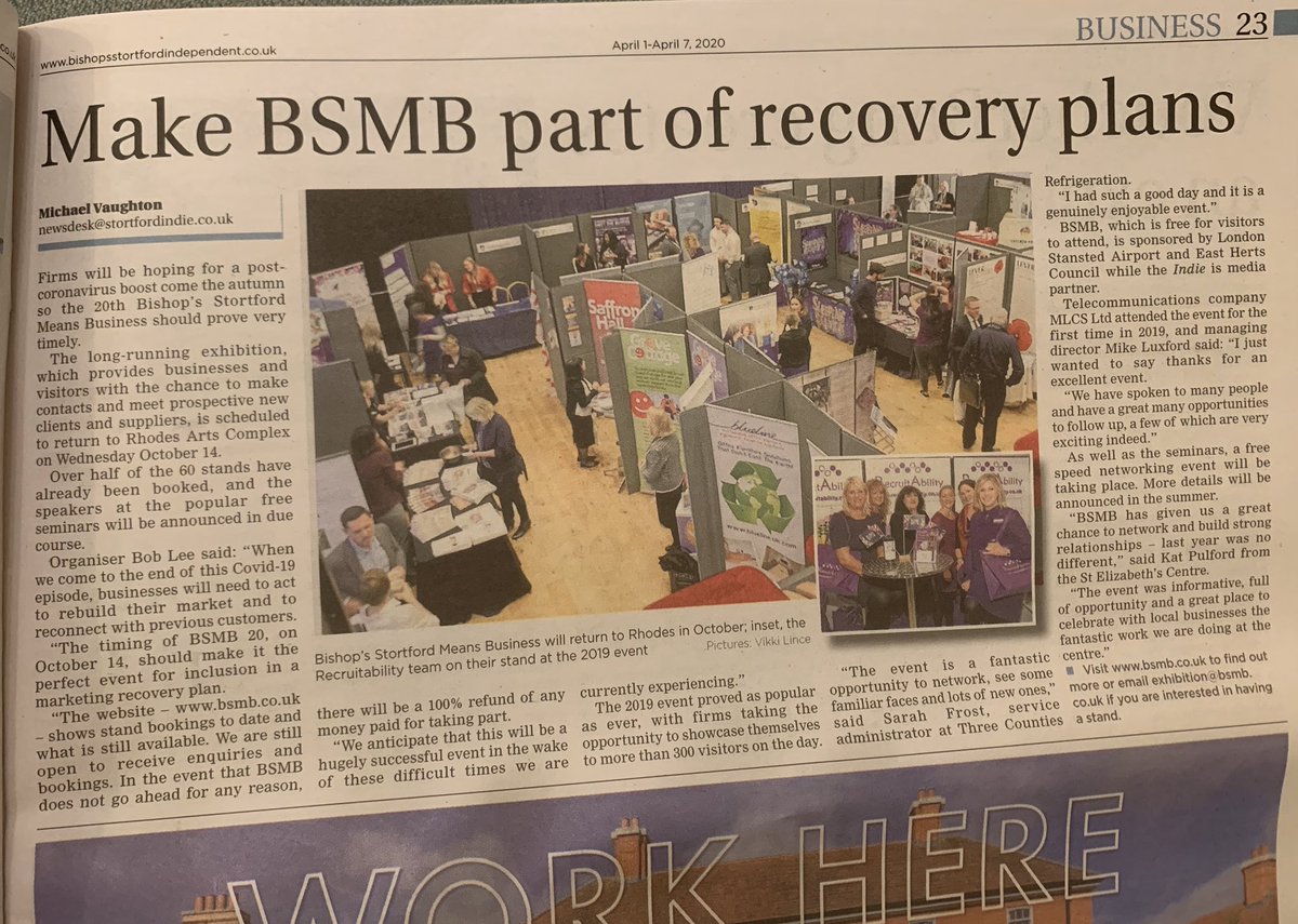 At the current time we’re planning for BSMB to go ahead on 14 October 2020 and we’ll be making sure we give businesses a platform to promote themselves as we all look to recover. 
Read more in this weeks <a href="/StortfordIndie/">StortfordIndependent</a> ....