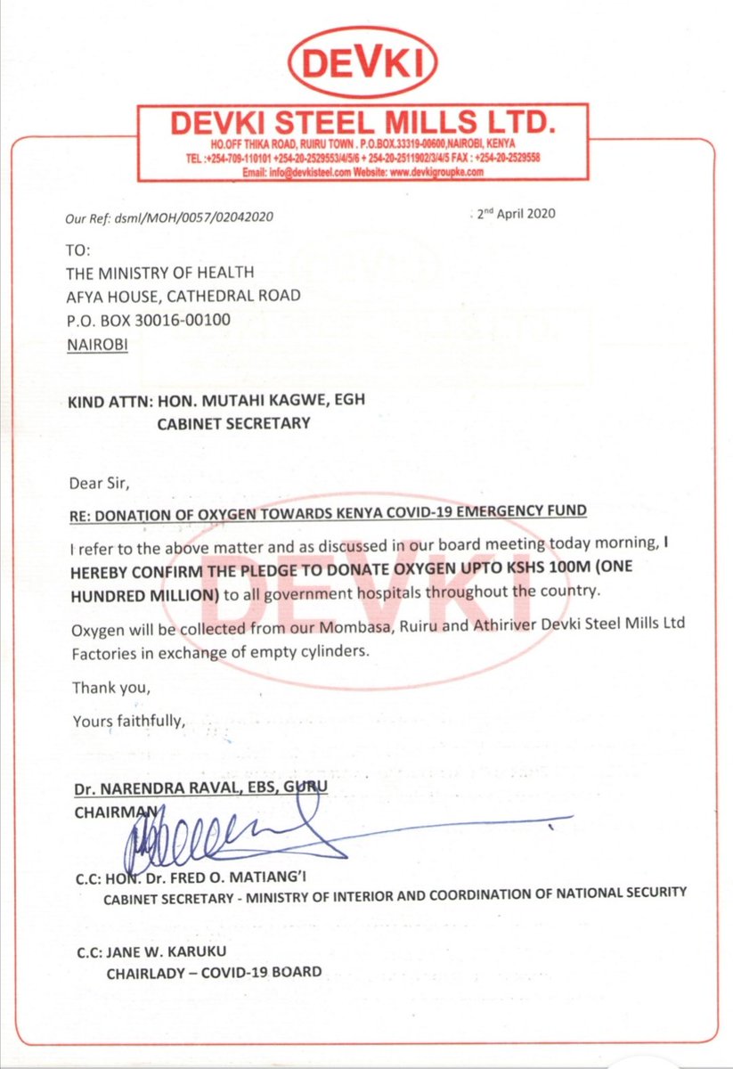 ntvkenya's tweet photo. UPDATE: Devki Steel Mills pledges to donate Oxygen worth KSh 100 million to be used in govt. hospitals as contribution to Covid-19 emergency fund.

"I can sell all my assets if it can save my Kenya and if need be, for the people of Kenya." - Dr. Narendra Raval, Devki Chairman. https://t.co/BOcFqx6f6k