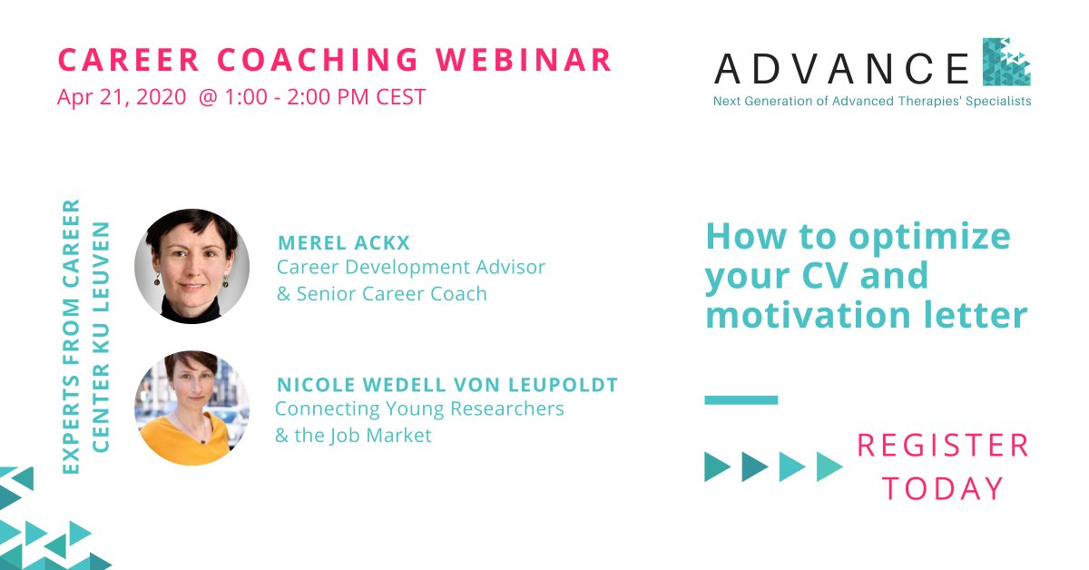 ADVANCE_atmp's tweet photo. [WEBINAR] Early career scientists? We invite you to reflect on WHY it is important to adjust your CV and motivation letter to the job you are aiming for.
JOIN NOW! https://t.co/aLvhS0UUPg
#ATMP #atmp #elearning #ADVANCEprogramme #erasmusplus #webinar #EATRIS #AdvancedTherapy https://t.co/dvMIv9ZRhH