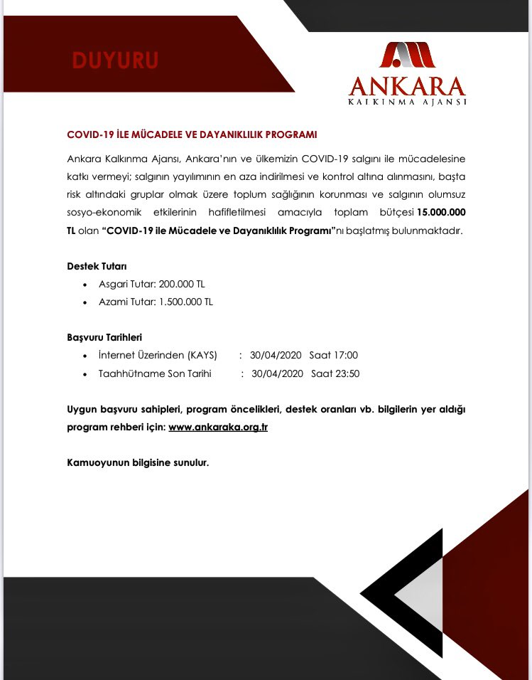 Ankara Kalkınma Ajansı olarak 15 milyon ₺ mali destekle, “Koronavirüsle mücadelede ben de varım” diyen girişimci, kurum ve kuruluşların yanında ve hizmetindeyiz.