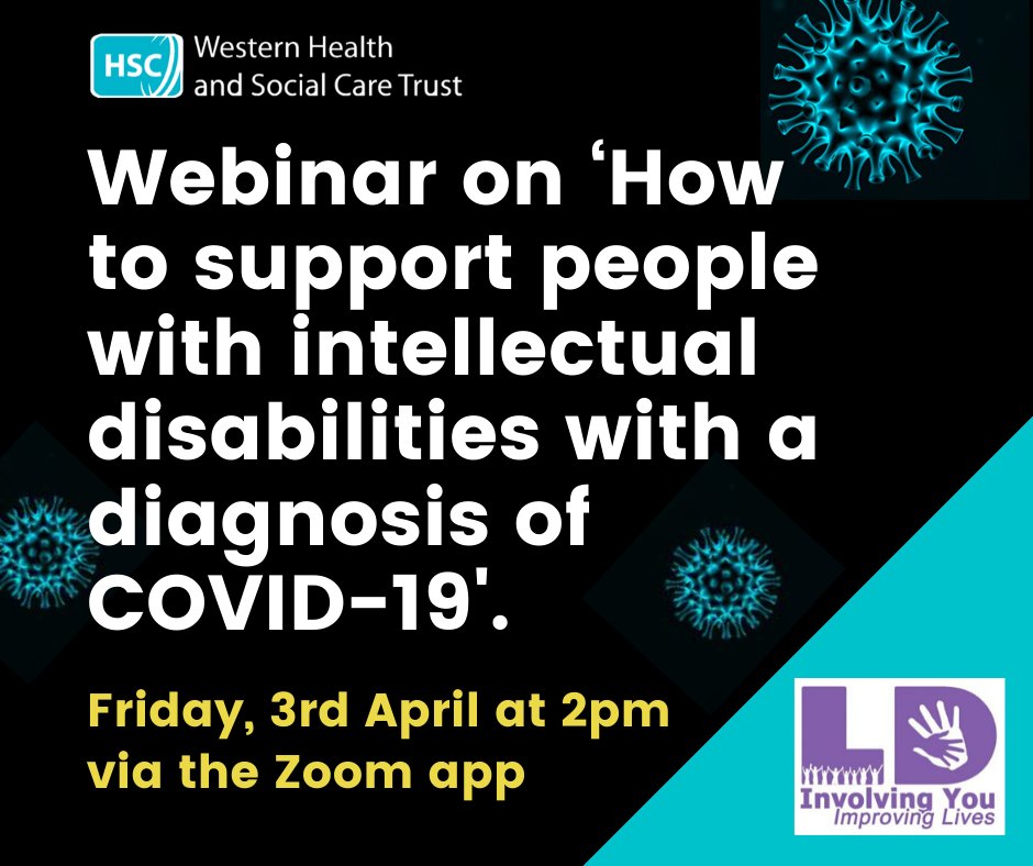 WesternHSCTrust's tweet photo. Webinar for Intellectual Disability Services on ‘How to support people with intellectual disabilities with a diagnosis of COVID-19'.

This Webinar is happening on Friday, 3rd April at 2pm via the Zoom app 

More details here: https://t.co/BuhMuQEaex https://t.co/C3gHwWnNtH